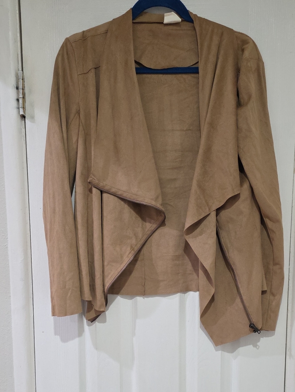 Women's Draped Open Front Faux Suede Jacket in Tan